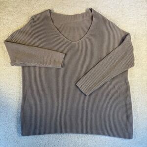 Apricot Sweater Large V Neck Long Sleeve Knit Cotton Blend Oversized Tunic Top